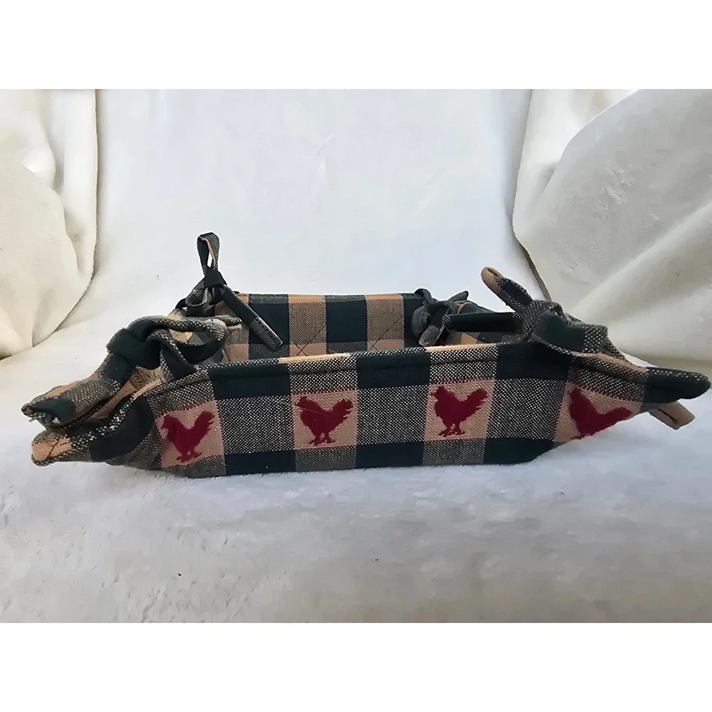 Farmhouse Quilted Fabric Bread Basket Buffalo Check Red Rooster Tie Corner